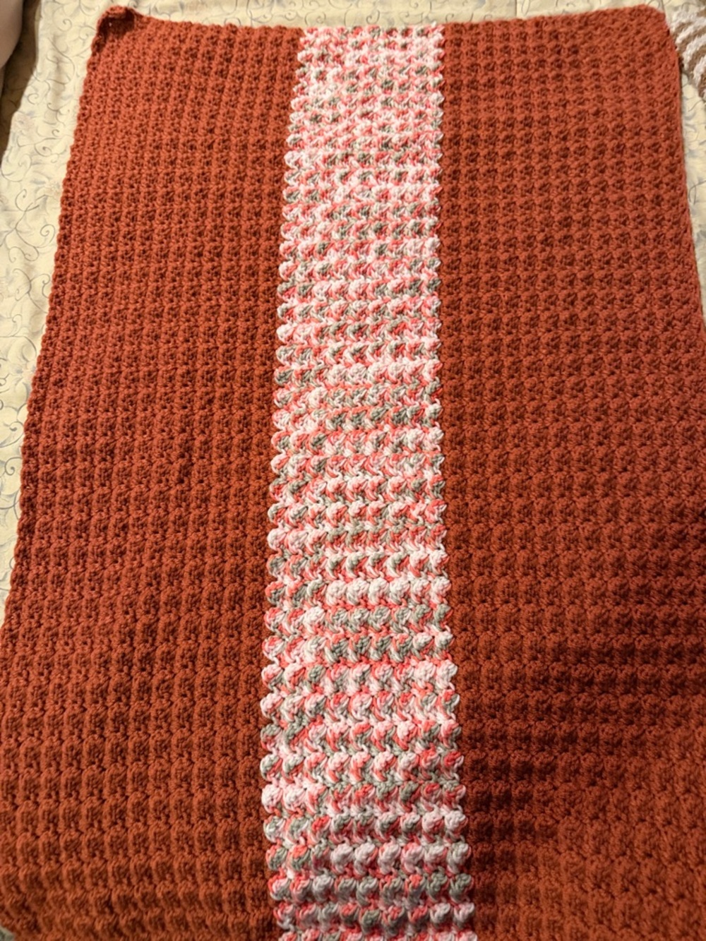 Handmade Crochet Throw Blanket - Rust with Pink Mix Stripe
